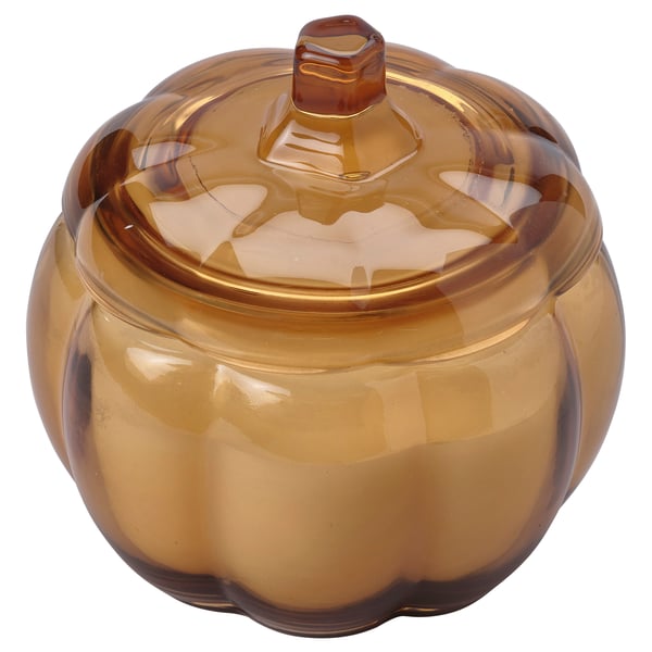 Brown glass pumpkin-shaped candleholder with lid, featuring warm, spicy autumnal scents. Ideal for home decor, creating a cosy atmosphere.