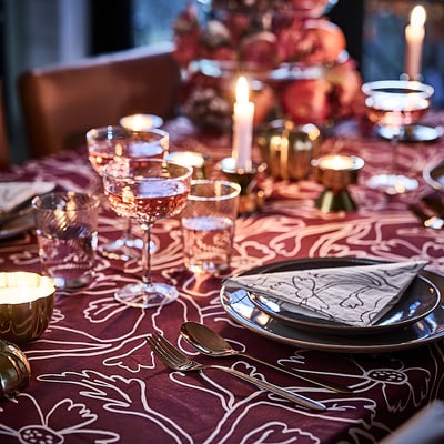 HÖSTAGILLE Tablecloth, red white/floral pattern, 145x240 cm