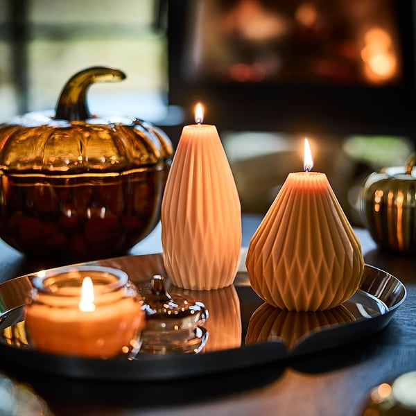 HÖSTAGILLE Unscented pillar candle, set of 2, light beige/bright beige