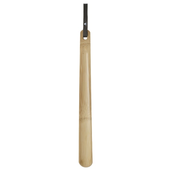 HÖSVANS shoehorn: natural bamboo & leather handle, light brown, slim, rectangular, with hanging string.