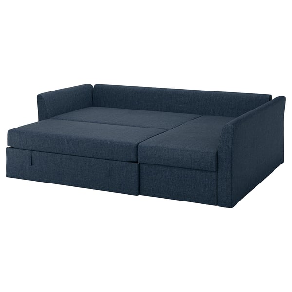 Blue HOLMSUND sofa bed with chaise, removable cover.