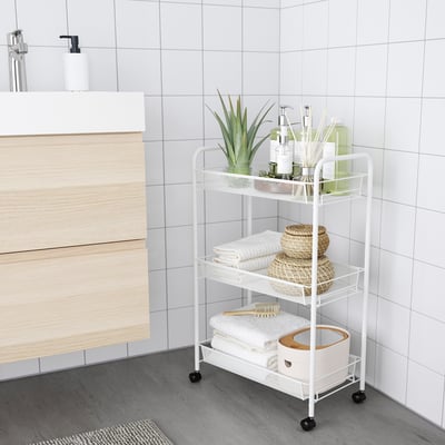 White bathroom trolley: 3 shelves for towels & toiletries - minimalist design