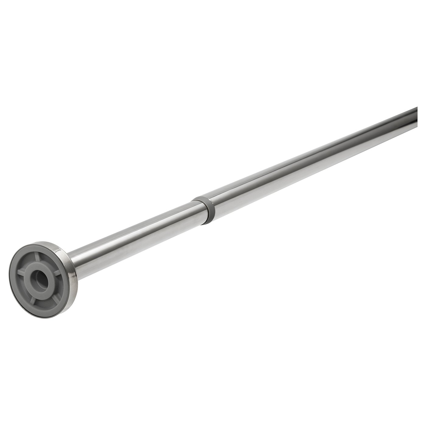 The HORNEN shower curtain rod. Its silver, adjustable, and made of stainless steel with plastic ends.