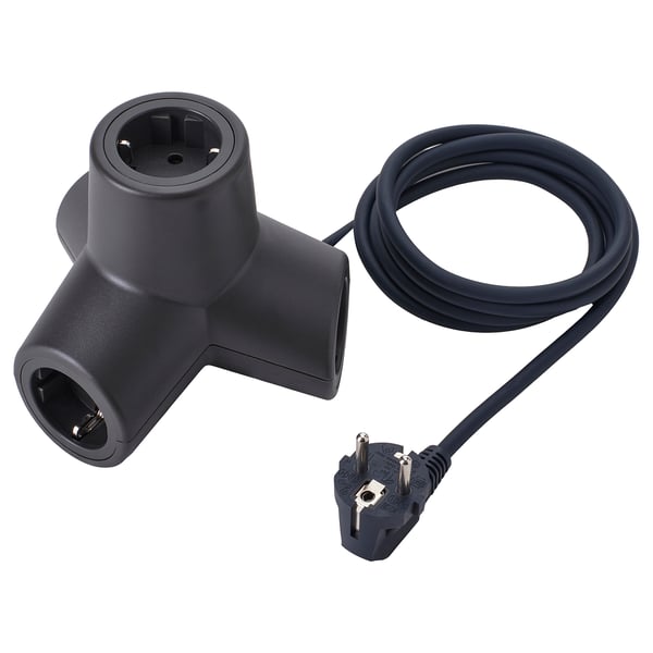 Black HORNFELS extension with 4 ports, angled design, recycled polycarbonate.