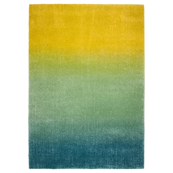 HOTELLRUM rug: gradient blue-green-yellow, soft pile, rectangular, varsity colours.
