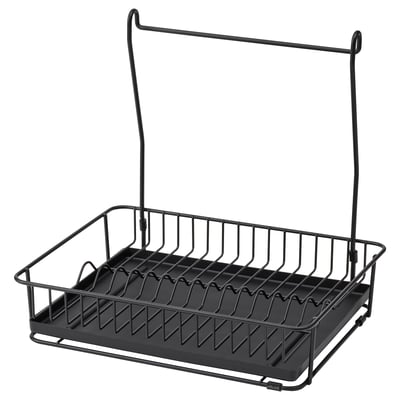 HULTARP black wire kitchen dish drainer, wall-mountable, removable tray, modern design.