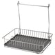 Silver chrome hanging dish drainer with removable grey tray.