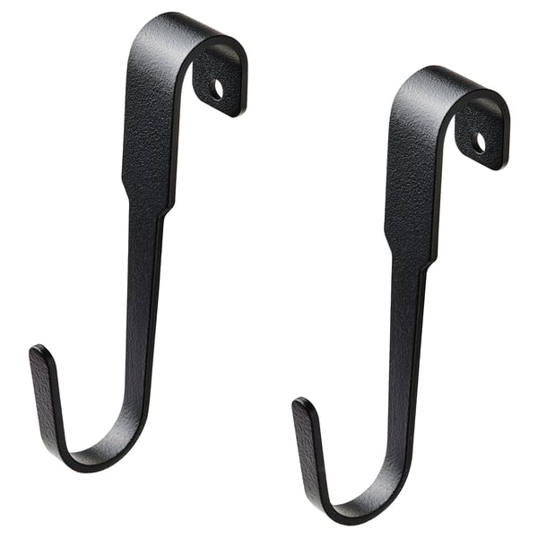 Two black metal HULTARP hooks for wall hanging, designed for kitchen storage.