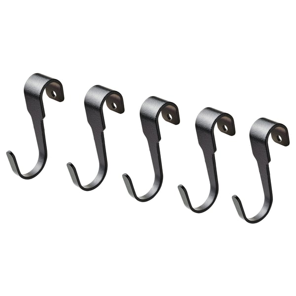 Four black metal s-hooks lined up. Used for hanging items.