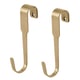 Gold-colored metal wall hooks, simple design, used for hanging items.