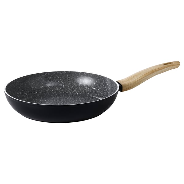 HUSKNUT black frying pan with wooden handle, non-stick, round shape, kitchen cookware.
