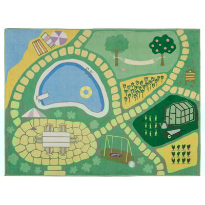 A green HUSSPARV childrens rug with a backyard theme including a pool, swing, and garden.