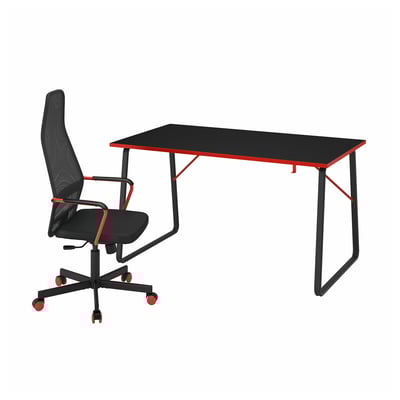 Black and red desk chair with mesh back & rectangular table.