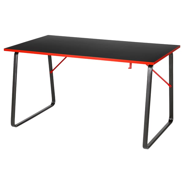 Black HUVUDSPELARE gaming table, red edges, steel legs, rectangular shape, modern design.