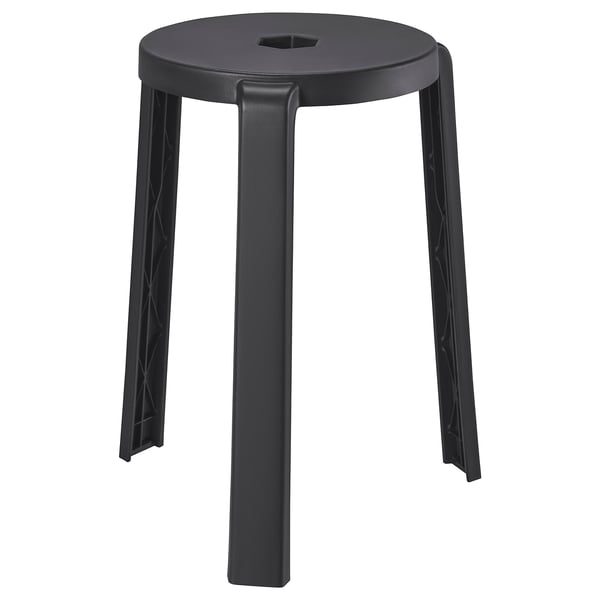 An IBBARBO stool. Its black, made of plastic, round, and has three legs.