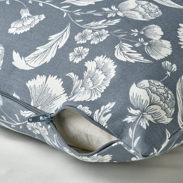 Floral cushion cover with zip, grey with white floral pattern.