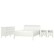 White IDANÄS bedroom set: queen bed, two nightstands, and dresser with six drawers. Classic design, wooden construction.