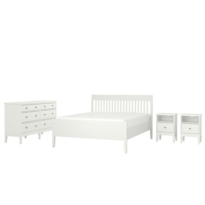 A white bedroom set: bed, two nightstands, and a dresser with a classic design.