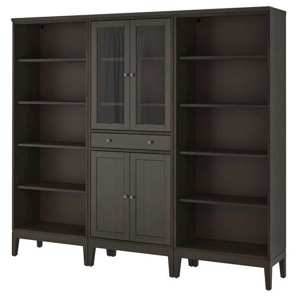 Dark wooden storage unit with glass doors, featuring multiple shelves and drawers for storage.