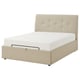 IDANÄS beige upholstered bed with tufted headboard and storage.