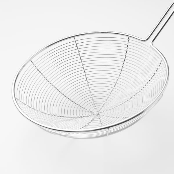 Stainless steel skimmer, durable, firm grip handle, efficient for straining.