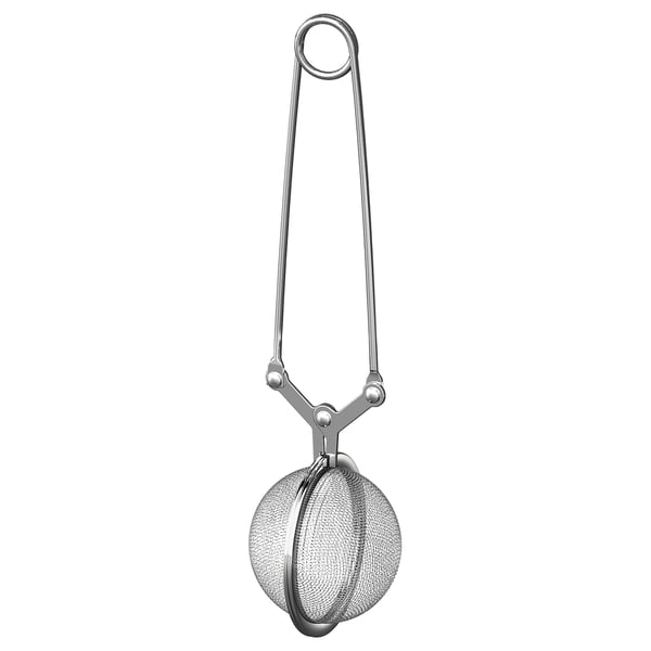 Silver IDEALISK tea infuser; spherical mesh net with metallic handle and ring, durable stainless steel.