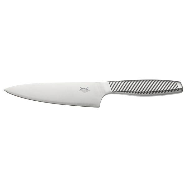 IKEA 365+ cooks knife, silver, stainless steel, sleek design with textured handle for grip.
