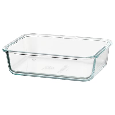 IKEA 365+ clear glass food container, square shape, transparent with no lid.