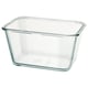 IKEA 365+ clear glass food container, rectangular, with smooth edges, oven-safe and transparent.