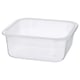 IKEA 365+ clear square food container made of durable plastic, perfect for storing leftovers.