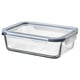 IKEA 365+ clear glass food container with snap-lock lid. Rectangular shape, transparent, for storing or heating food.