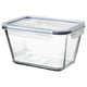 IKEA 365+ clear glass container with snap-lock lid, square shape, transparent, made of heat-resistant glass and plastic.