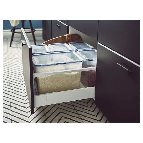 IKEA 365+ clear food containers in kitchen drawer, organised, stackable.