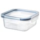 IKEA 365+ clear square plastic food container with blue lid, snap-lock design.
