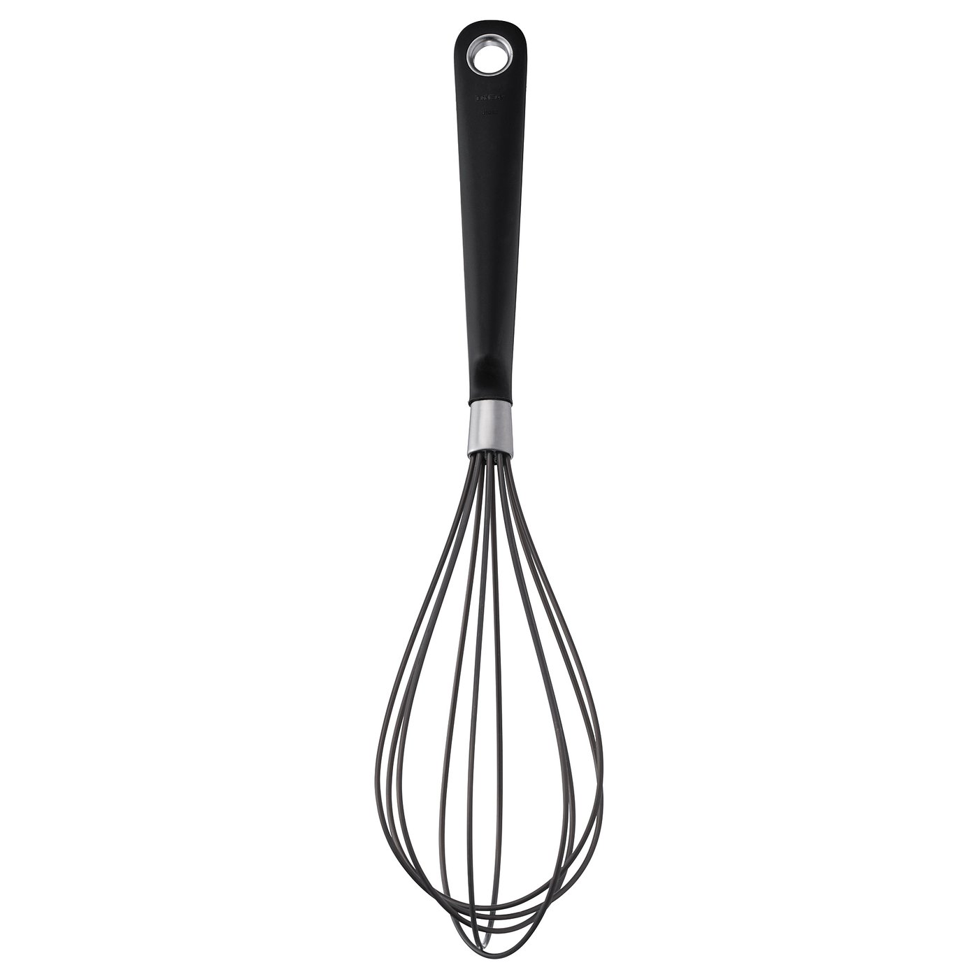Black silicone ikea whisk with stainless steel wires and a comfortable grip handle for safe kitchen use.
