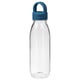 IKEA 365+ clear plastic water bottle with blue lid, cylindrical shape, durable design.