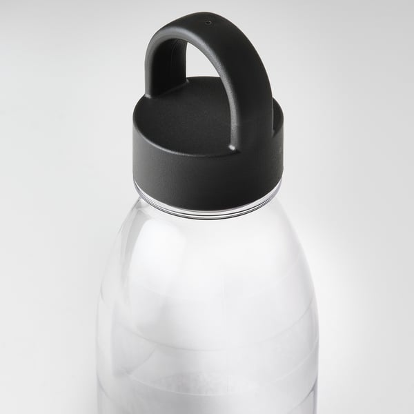 Clear plastic water bottle with black lid, featuring a sturdy loop handle and robust design. Ideal for durable, everyday use.
