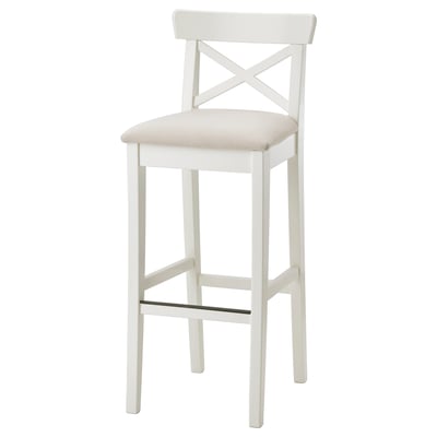 White INGOLF barstool with fabric seat and wooden back, designed for comfort.