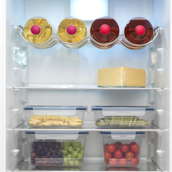Fridge with adjustable glass shelves, smart storage, led light, and no-frost system.