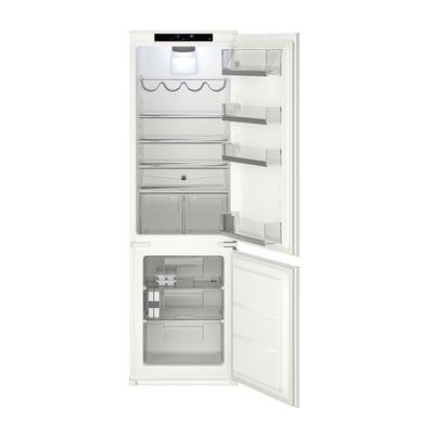Displays an ISANDE white fridge-freezer with clear compartments and digital controls. Its a built-in model with no-frost and adjustable glass shelves.