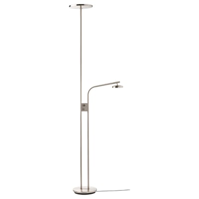 Modern nickel lamp with adjustable reading light and uplighter, sleek design for versatile lighting.