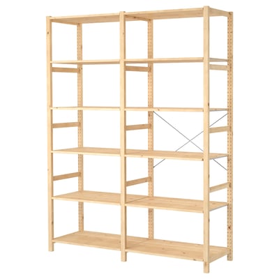 IVAR wooden shelving unit, light natural wood, rectangular shape with adjustable shelves, clean minimalist design.