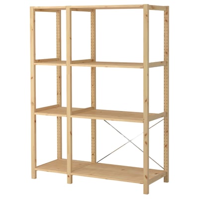 IVAR pine shelf unit with four adjustable shelves, natural wood color, rectangular shape, and simple design.