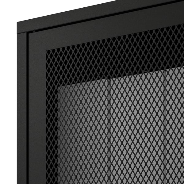 Black metal cabinet with a textured mesh door, mounted securely on a wall.