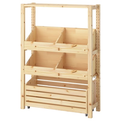 IVAR light wood shelf unit with three open compartments and castors for easy movement.