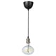 The JÄLLBY pendant lamp with a black ceiling cup, a nickel-plated socket, and a multicoloured led bulb.
