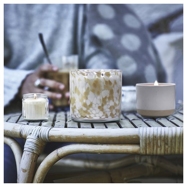 JÄMLIK Scented candle in glass, Vanilla/light beige, 12 hr