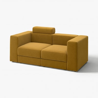 Mustard JÄTTEBO modular sofa, yellow, corduroy, square, with deep seats, headrests.
