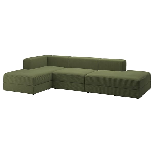 A green JÄTTEBO modular sofa with a corner chaise and extra seating, featuring a corduroy fabric cover and a comfortable, inviting design.