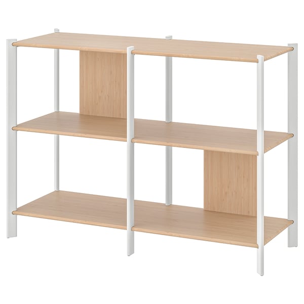 Jätesta light wood & white shelf. Three open shelves, light wood tops, white metal legs angled 45 degrees.